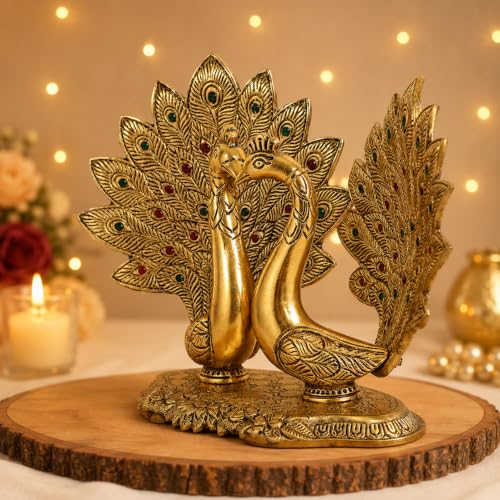 Image of Metal Kissing Peacock Couple Statue for Home Decor, Romantic Love Bird Showpiece for Living Room Bedroom Office Table, Decorative Figurine for Wedding Anniversary Housewarming Gift