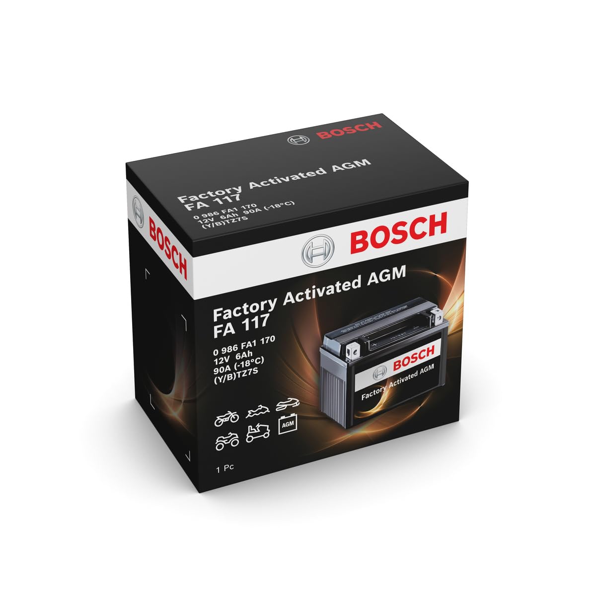 Bosch FA117 - Batteria AGM per motocicli - 12V 90A 6Ah - Adatta per moto, motociclette, enduro, scooter, quad, moto d'acqua - Compatibile M6009, BTZ7S