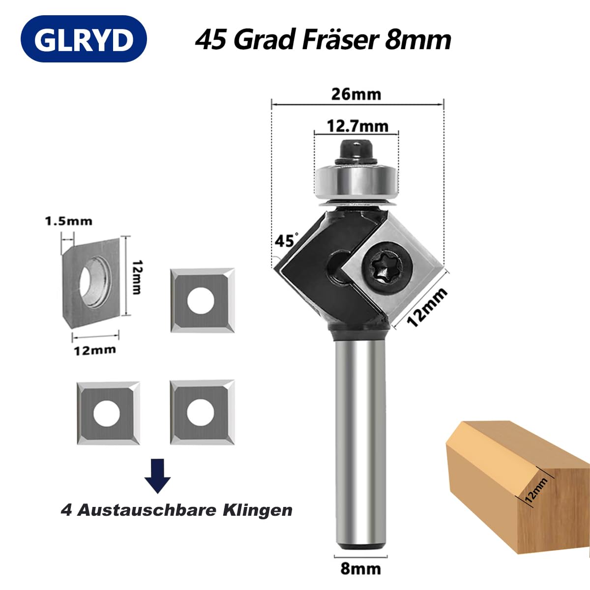45 Grad FräSer Fasefräser 8mm Schaft, mit 4 Stück Wendeplatten, Bevel Einfassung Austauschbare-Klinge Oberfräse Fräser, für Schneiden einer 45-Grad-Fase an der Holzkante