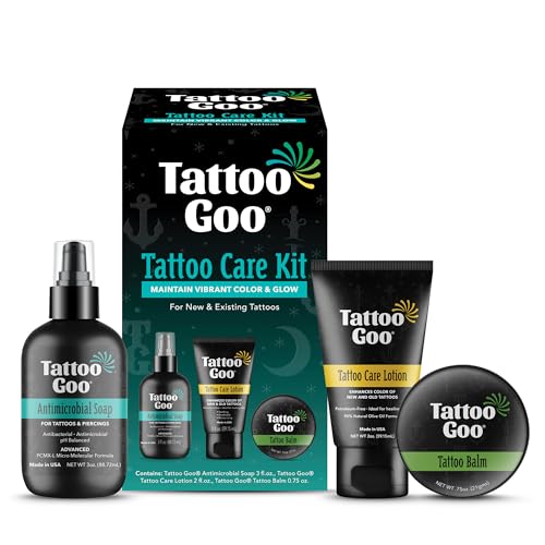 Tattoo Goo Aftercare Kit Includes Antimicrobial Soap, Balm, and Lotion, Tattoo Care for Color...