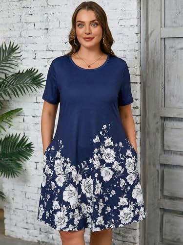 Image of AusLook Plus Size Midi Dress for Women Casual Summer Short Sleeve A Line Swing Dress with Pocket Round Neck Flowy Dress 1X-5X