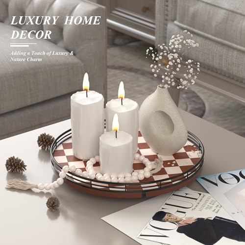 Image of Brown Checkered Lazy Susan Decorative Tray, 12 Inch Round Rotating Tray with Black Metal Rail, Wood Turntable for Coffee Table Decor, Dining Table Centerpiece, Candle and Vase Display