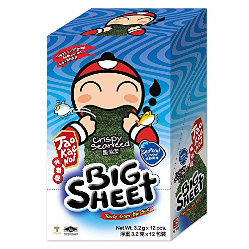 Tao Kae Noi Seaweed Snack Seafood Flavor Big Sheets 3.2g Crispy Seaweed Seafood Flavor, 1 Box of 12 Pcs