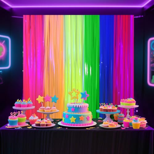 Image of 4 Packs Glow in the Dark Foil Fringe Curtain, Macaron Rainbow Blacklight Reactive Fluorescent Tinsel Backdrop Neon Luminous Streamers for Birthday, Wedding, Neon Party, Glow Party Decorations Supplies