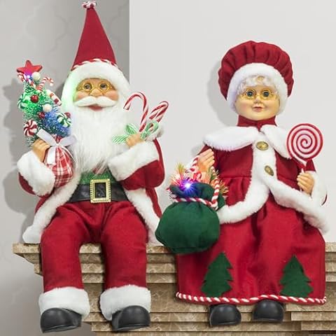 ITART Sitting Mr and Mrs Claus Figurines with Lights and Timer 17-Inch Santa Couple Christmas Decorations Battery Operated Cover