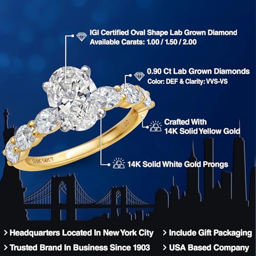 Gem Stone King 2-2.9 Cttw 14K Two Tone Gold IGI Certified Oval White Lab Grown Diamond Engagement Ring For Women | E-F Color | VS1-VS2 Clarity | Size 5-92