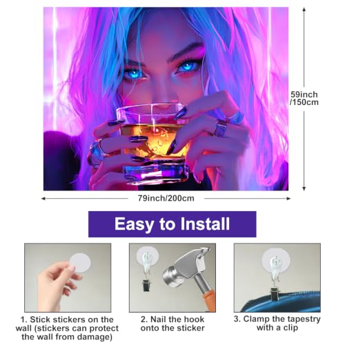 Image of BlissYard Anime Girl Blacklight Tapestry Neon Drinking Girl Fluorescent Tapestry Blacklight Sexy Lady Glow In The Dark Art Wall Hanging Poster Room Bedroom Party Backdrop Decor 78x59 Inch