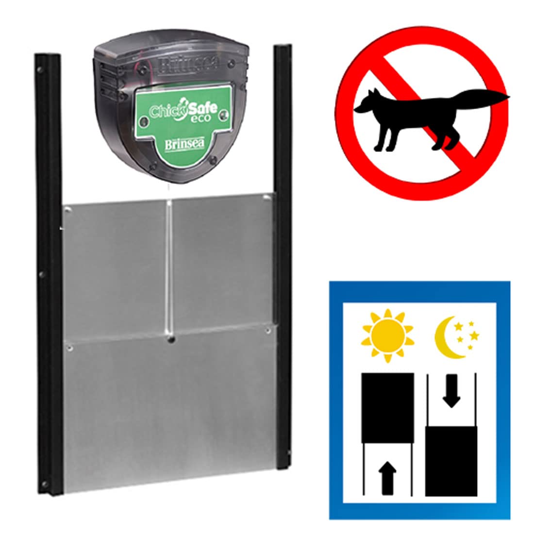 Puerta automática gallinero BRINSEA Chicksafe Eco + Puerta de Aluminio. Gallinas Felices y a Salvo de Depredadores