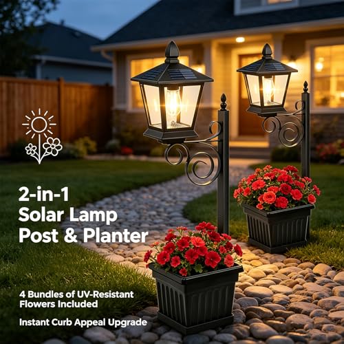 Farola solar 2 en 1 para jardín exterior con macetero integrado resistente al agua 2