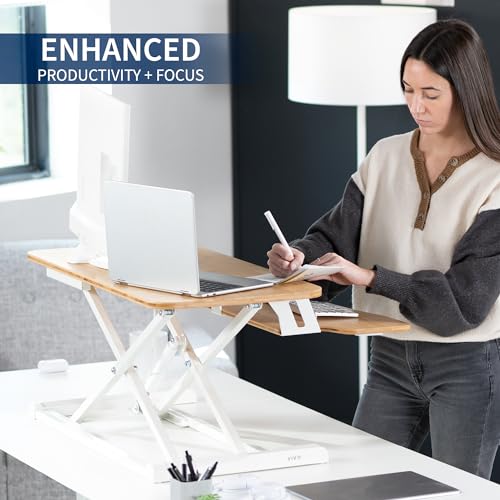 Image of VIVO 32 inch Desk Converter, K Series, Height Adjustable Sit to Stand Riser, Dual Monitor and Laptop Workstation with Wide Keyboard Tray, Bamboo Top, White Frame, DESK-V000KO