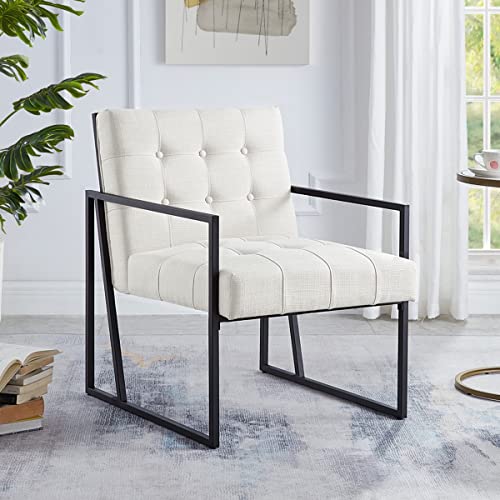 24Kf Mid-Century Ivory Linen Button Tufted Accent Chair With Metal Stand, Decorative Furniture Chairs For Living Room Bedroom - Ivory #TOP20