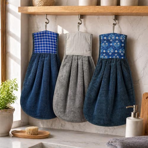 Image of Hanging Hand Towel Set | Wash Basin Napkin with Loop | Kitchen Sink Towel | Pack of 3 (Navy, Brown, Blue) | Soft & Absorbent Cotton Kitchen & Bathroom Hand Towels