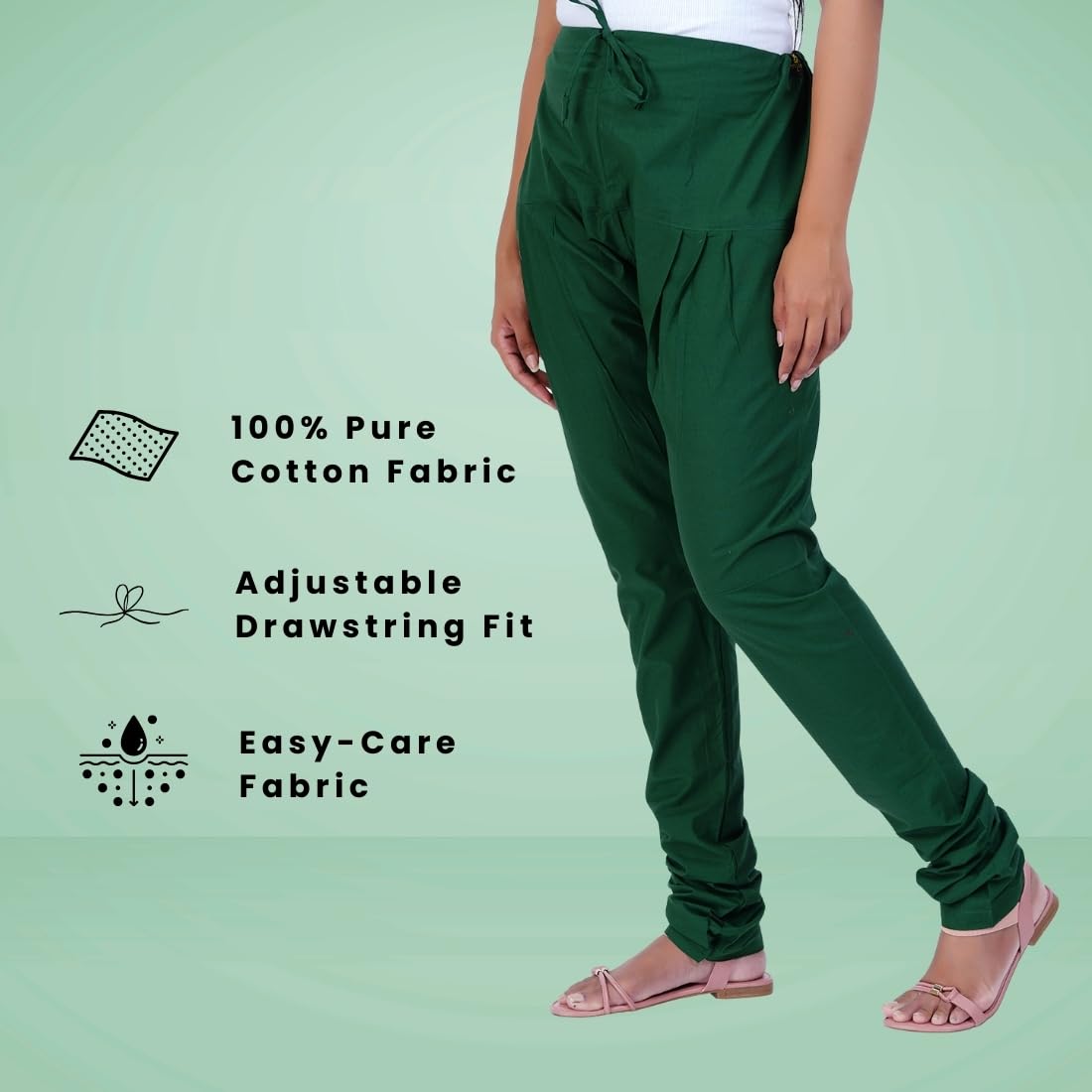 Happy Bunny Women’s Cotton Gathering Churidar Pants - Ethnic Gathereing Ankle, Drawstring Waist Bottoms for Kurtas, Office, Party, Casual Clothing (2XL, Dark Green) - Image 2 thumbnail
