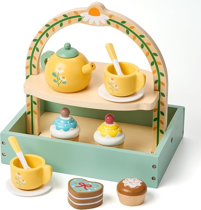 Image of Wooden Tea Party Dessert Set for Girls - Pretend Play Toy with Cake, Tea, and Kitchen Accessories for Toddlers and Kids