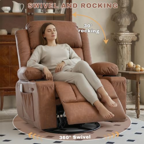 Image of Rocker Recliner Chair with Heat and Massage,360Swivel Nursery Recliner Chair for Adults,Oversized Recliner Single Sofa Seat with 2 Cup Holders and Side Pocket (Brown)