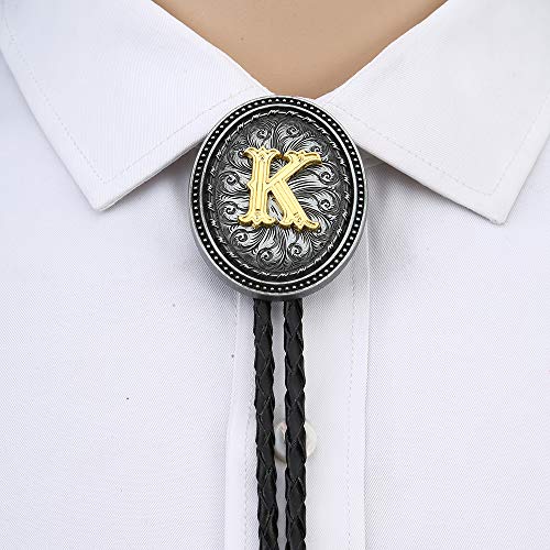 KDG bolo tie for man Golden Initial A to Z oval shape Antique silver blackground
