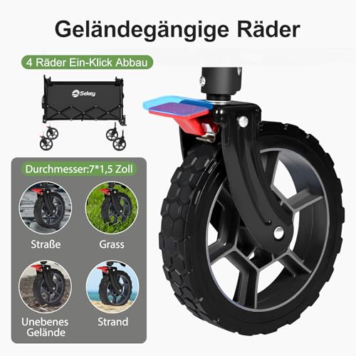 Sekey XXL Bollerwagen Faltbar Kinder 150L 150KG, Faltbarer Bollerwagen mit Dach Klappbarer Handwagen mit Sonnenschutz für Ausflug Strand Camping, S4018, Schwarz – Bild 4