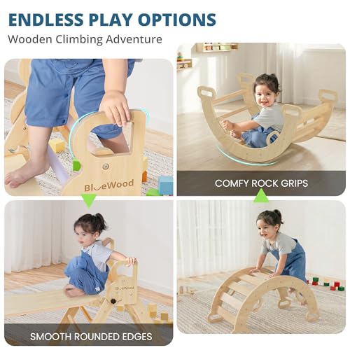 Image of BlueWood Pikler Triangle Set, Toddler Wooden Climbing Toys Indoor 7in1 Climber, Foldable Kids Climbing Toys, Montessori Play Jungle Gym with Arch, Ramp, Ladder (Natural)