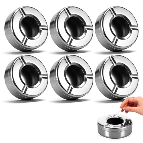 Huiguli 6 Pcs Cigarette Ashtray Round Windproof Stainless Steel Ashtray with Lid for Indoors & Outdoors Stylish Portable Windproof Lid Design Cigar Ash Tray Set for Bars Restaurant Garden and Home