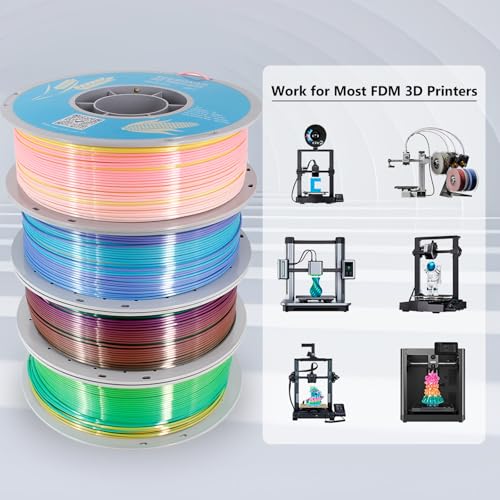 Image of Silk Rainbow PLA 3D Printer Filament, 4 Rolls,1KG Spool(2.2lbs) 1.75mm 3D Printing Multicolor Gradient Filament Bundle for Most FDM 3D Printers,4 Different Silk Rainbow Colors