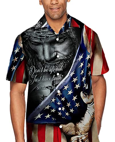 Uraweso American Flag Shirts For Men Patriotic Jesus Independence Day Summer Hawaiian Button Up Shirt Xxl #TOP2