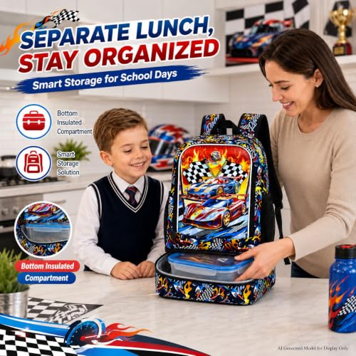 Image of HPJGD 2-in-1 Backpack for Boys, 17 inch Race Car Preschool Bookbag Set with Built-in Lunch Compartment, Kids Water-Resistant School Bag for Elementary - Thrill Racing