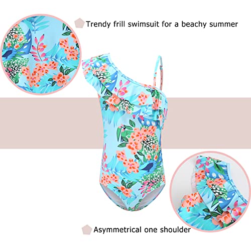 Image of Girls One Piece Swimsuits One Shoulder Ruffle Bathing Suit Kids Hawaiian Floral Swimwear 3-16 Years