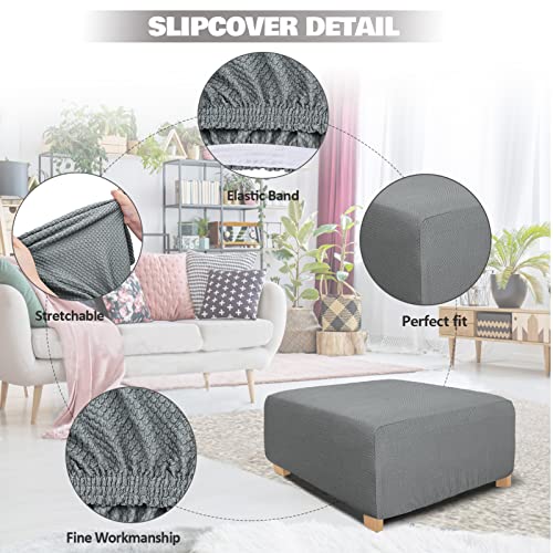 Image of NeColorLife Rectangle Ottoman Cover Jacquard Fabric Slipcover Thick Stretchable Footrest Stool Covers for Oversized Square and Rectangle Ottoman,Medium,Grey