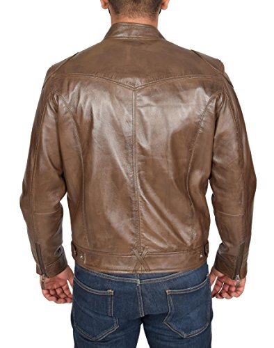Mens Brown Leather Jacket Biker Style Fitted Standing Collar Casual Jacket Bill (X-Small) #TOP1