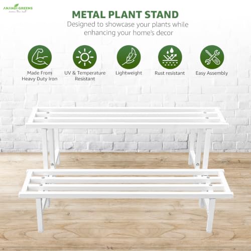Image of Anandi Green's White Heavy Duty 2 Tier Metal Plant Stand for Grow Bags Planters and Pots Rust Resistant Plant Pot Holder Rack for Outdoor Balcony Indoor Living Room and Garden Supports Up to 100 kg