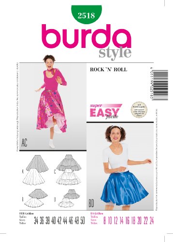Burda 2518 Schnittmuster Kostüm Fasching Karneval Rock'n Roll (Damen, Gr. 34-50) – Level 1 super Easy