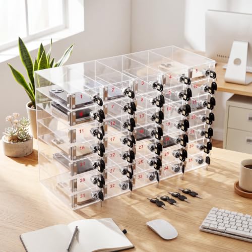 Image of Layhit Clear 35 Slots Cell Phone Locker Box for Classroom Clear Acrylic Cell Phone Storage Cabinet Bin with Door Locks for Classroom School Students Office Factory Employees