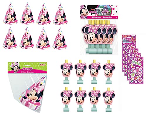 Unique Industries Minnie Mouse Birthday Party Supplies Bundle Pack Includes 8 Paper Hats and 8 Blowouts, Pink