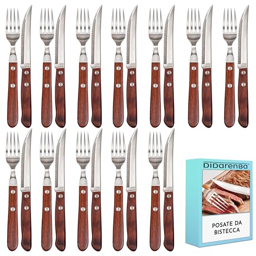 Posate da bistecca acciaio inox legno 24 pezzi con 12 coltelli da bistecca e 12 forchette da bistecca