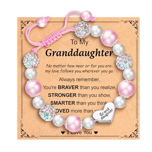 Esrial Granddaughter Daughter Gifts - Heart Natural Stone Beaded Bracelet for Girls Christmas Valentines Easter Birthday Jewelry Gifts for Girls Daughter GranddaughterPink&Pearl