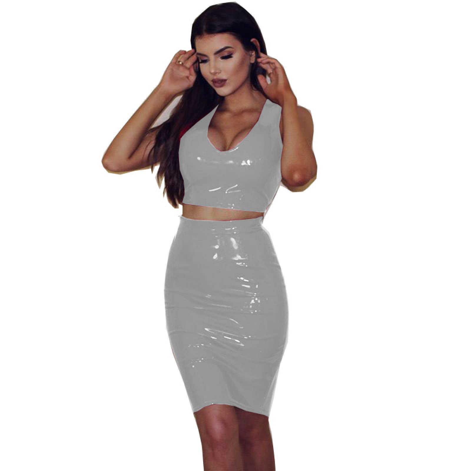 QJZM Faux Leather Two Piece Summe Top sin Mangas Falda Traje Slim Crop Tank Tops Cintura elástica Lady Falda Conjuntos Elegante