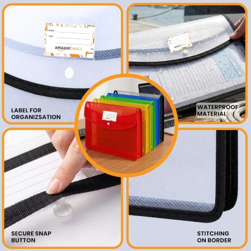 Image of Amazon Basics Multicolor Horizontal Opening File Folder, Poly-Plastic Documents Organizer, Transparent A4 /Foolscap Papers File Storage Bag with Snap Button, best for Office Use | Set of 5 - Multicolor