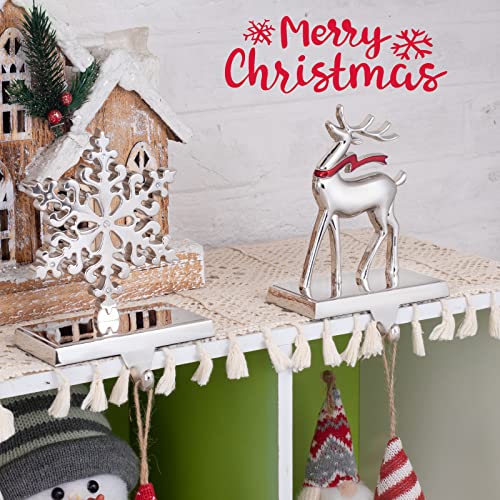 Christmas Stocking Holders, Set Of 2 Snowflake & Reindeer Silver Stocking Holder, Weighted Personalized Christmas Stockings Hanger For Mantel, Stocking Hooks For Mantle Fireplace Christmas Decorations #TOP1
