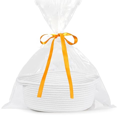 ABenkle Small Basket with Gift Bags and Ribbons, Empty Gift Baskets, Decorative Boho Rope Woven Nursery Storage Organizer Toy Baskets with Handle for Baby Showers, 12"X 8" X 5"