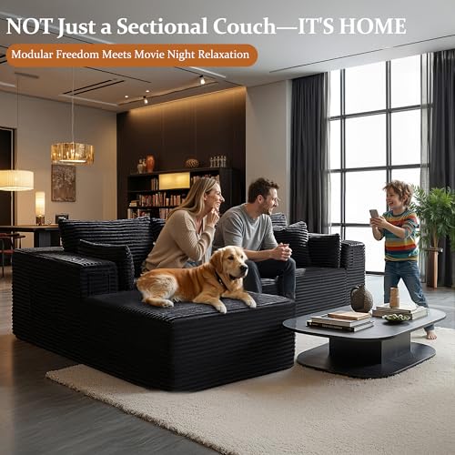Image of 108 inch Oversized Cloud Sectional Couch, Comfort U Shaped Sofa for Living Room, Extra Deep Seats No Assembly, Minimalist Modular Couch, Corduroy (Black, 2 Seater+Left Facing Chaise)