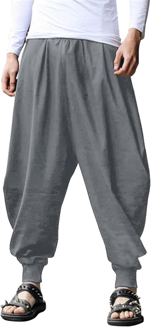 Men Hippie Harem Pants Baggy Linen Boho Yoga Casual Drop Crotch Trouser-image-10