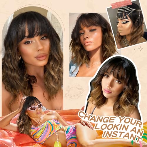 Nnzes Short Wavy Wig with Bangs for Women Shoulder Length Bob Curly Women's Charming Synthetic Wigs with Natural Wavy Black To Brown Heat Resistant Hair for Daily Party Use - Image 5