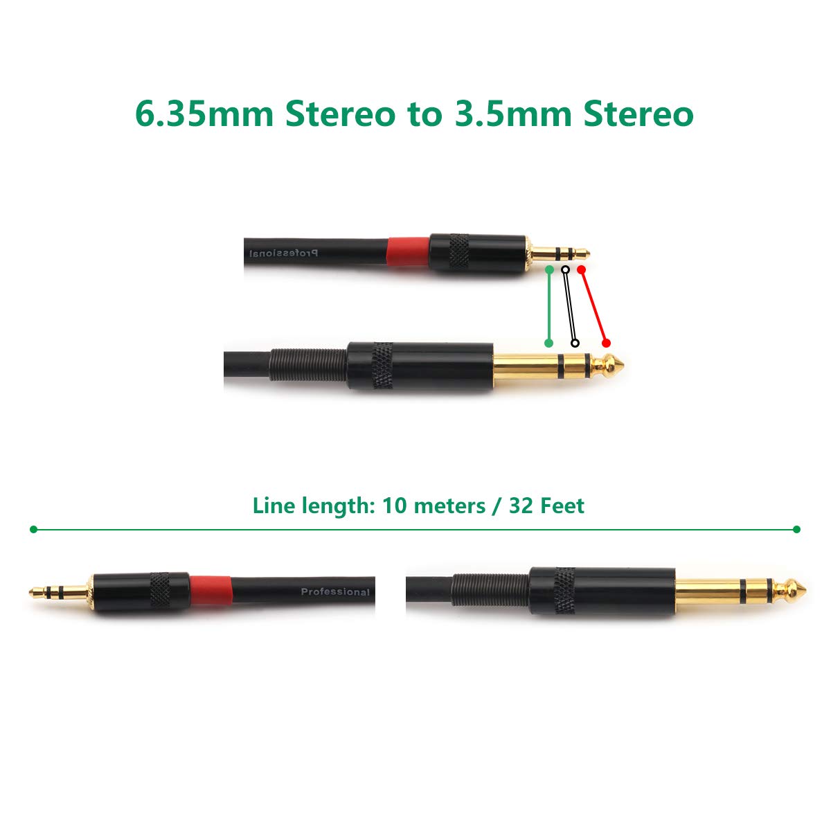 NANYI 3.5mm (1/8 Inch) TRS Male to 6.35mm (1/4 Inch) TRS Male Audio Cable Interconnect Cable with Zinc Alloy Housing for Mobile Phone, iPod, Laptop, Guitar, and Amplifiers, (10 Meters / 32Feet)