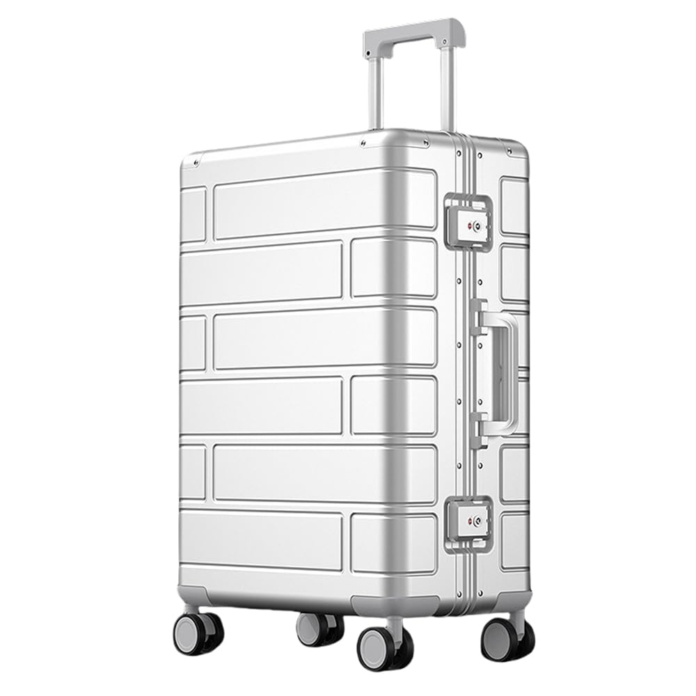 Aoun Hartschalen Koffer Handgepäck Aus All Aluminium, Ganzmetall Trolley Koffer Ohne Reißverschluss Mit Schloss, Reisekoffer Trolley Koffer Metalll Rollkoffer Für Reisen Business (Silber, 51CM-41L)