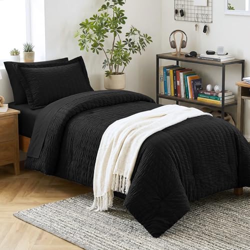 Image of CozyLux Twin Comforter Set with Sheets 5 Pieces, Black Seersucker Luxury Textured Bed in a Bag, All Season Soft Bedding Sets with Down Alternative Comforter, Sheets, Pillowcase & Sham, Bedroom Bed Set