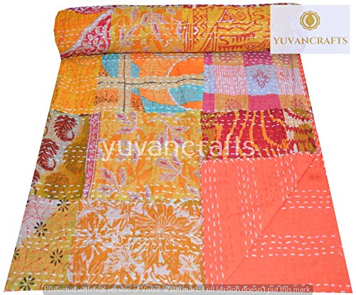 YUVANCRAFTS Patchwork Cotton Kantha Quilt - Indian Traditional Handmade Bedding Vintage Multi Color Quilt Blanket (Queen (90