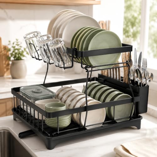 La Moustache - Escurreplatos de Acero【2 Niveles】| 42×29,5×33 cm | Drenaje Automático y Boca Giratoria, Escurridor de Platos con Soporte para Utensilios de Cocina, Fregadero y Encimera (Negro)