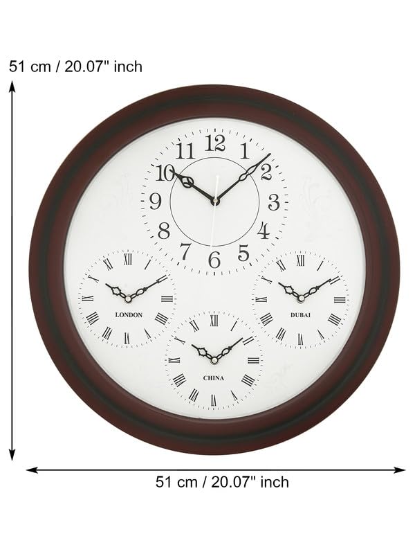 Image of CHRONIKLE Beautiful White Dial Round Wooden World Wall Clock for Home Office Decor, Brown, 20x20 Inch
