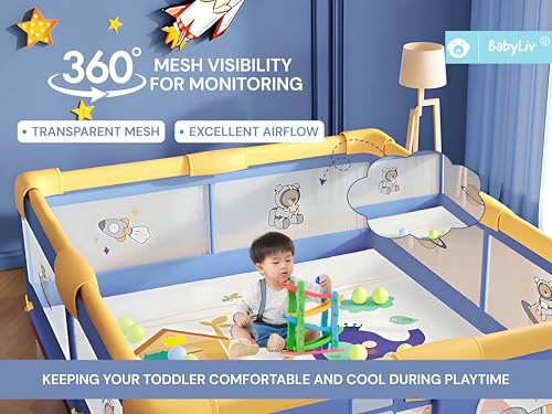 Image of Playard | Spacious Playpen for Kids up to 4 Years | Safety Lock | Thick Padding | 360 Mesh | Portable Activity Center (Space Baby Bear, Ocean Blue, 150x180 cm) | No Mat /Grip /Balls (WY)