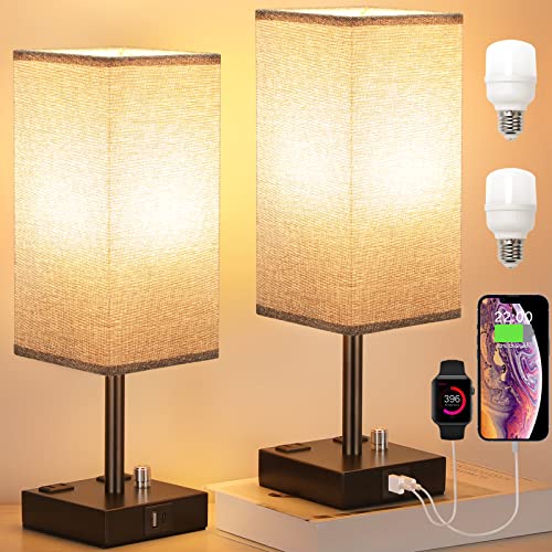 Aooshine Gray Fully Dimmable Nightstand Lamps Set Of 2 - Table Bedside Lamp With Usb C+A Charging Ports & 2 Ac Outlets, Square Lamp Sets Linen Fabric Shade For Bedroom Living Room thumb #1